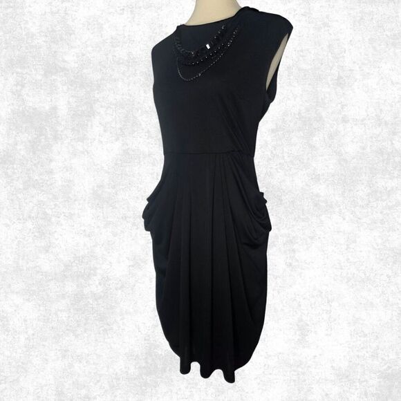 BCBGMAXAZRIA Black Draped Sheath Dress – M | Beaded Collar + Pockets | Luxe Glam - Picture 2 of 9